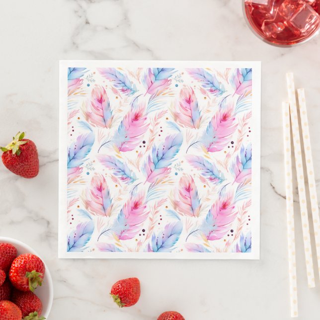 Watercolor Lavender Pink Bright Feathers Spring Paper Dinner Napkins (Insitu)
