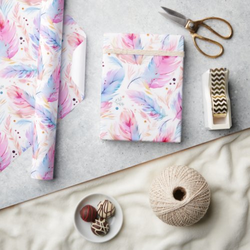 Watercolor Lavender Pink Bright Feathers Spring Wrapping Paper