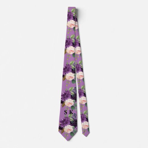 Watercolor Lavender Pink Flowers Pattern Monogram Neck Tie