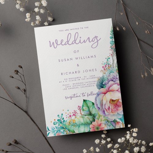 Watercolor lavender pink mint coral floral wedding invitation
