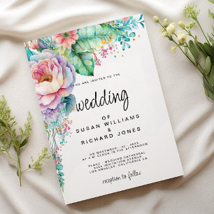 Watercolor lavender pink mint coral floral wedding invitation