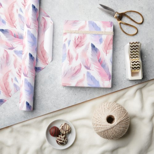 Watercolor Lavender Pink Pastel Feathers Spring Wrapping Paper
