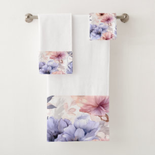 Watercolor Lavender Pink Pastel Flowers Spring Bath Towel Set
