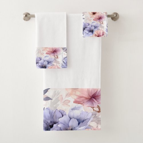 Watercolor Lavender Pink Pastel Flowers Spring Bath Towel Set