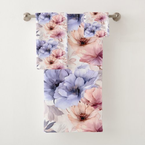 Watercolor Lavender Pink Pastel Flowers Spring Bath Towel Set