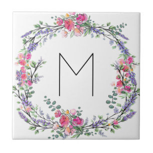 Watercolor Lavender Pink Wild Rose and Eucalyptus Ceramic Tile