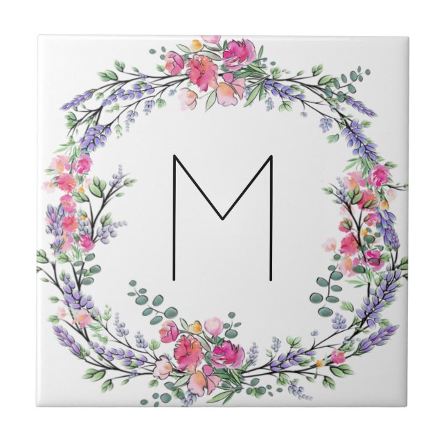 Watercolor Lavender Pink Wild Rose and Eucalyptus Ceramic Tile (Front)