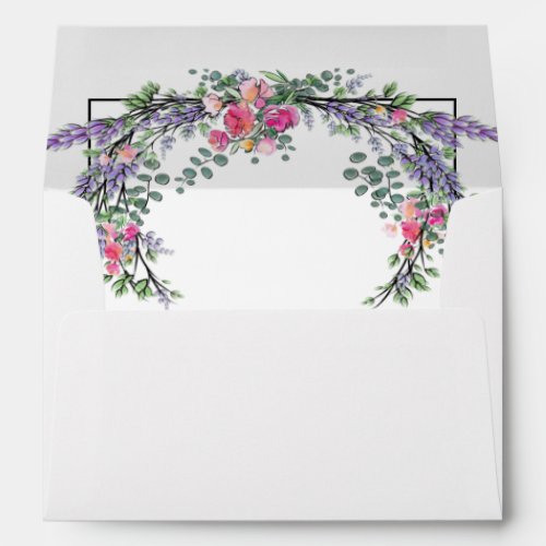 Watercolor Lavender Pink Wild Rose and Eucalyptus Envelope