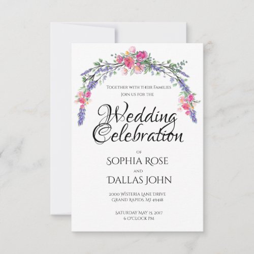 Watercolor Lavender Pink Wild Rose and Eucalyptus Invitation