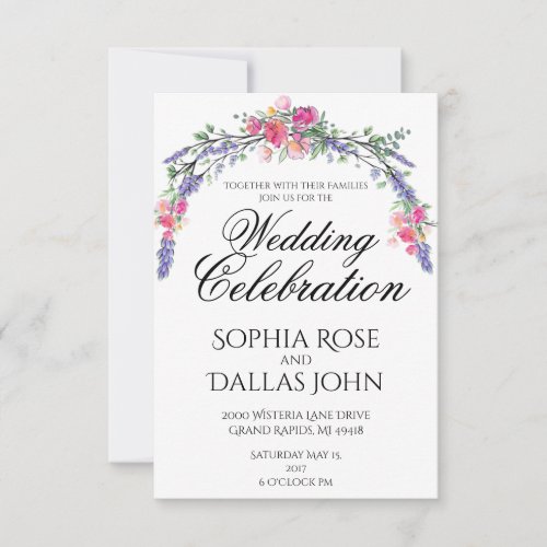 Watercolor Lavender Pink Wild Rose and Eucalyptus Invitation