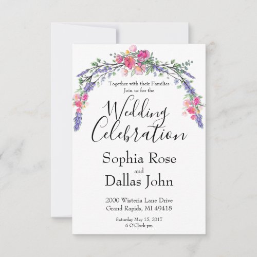 Watercolor Lavender Pink Wild Rose and Eucalyptus Invitation