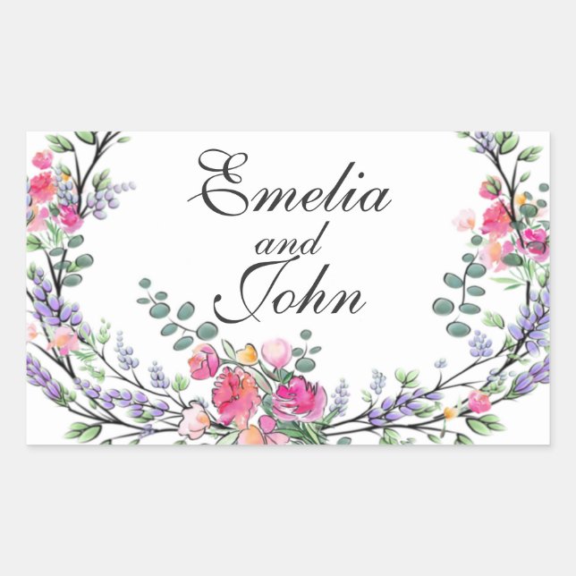 Watercolor Lavender Pink Wild Rose and Eucalyptus Rectangular Sticker (Front)