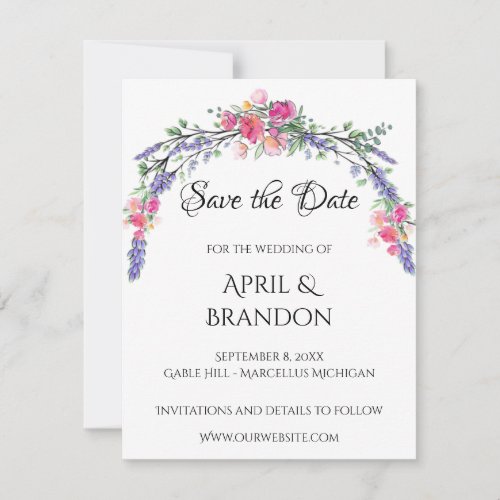 Watercolor Lavender Pink Wild Rose and Eucalyptus Save The Date