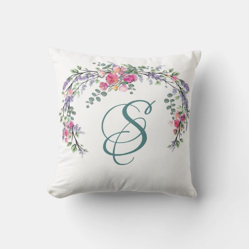 Watercolor Lavender Pink Wild Rose and Eucalyptus Throw Pillow