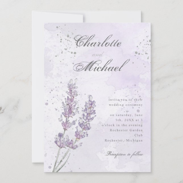 Watercolor lavender purple elegant wedding invitation (Front)