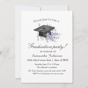 Watercolor Lavender Purple Floral Graduation Invitation
