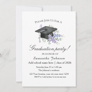 Watercolor Lavender  Purple Floral Graduation  Invitation