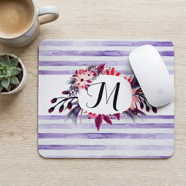 Watercolor Lavender Purple Stripes Floral Monogram Mouse Pad (Creator Uploaded)