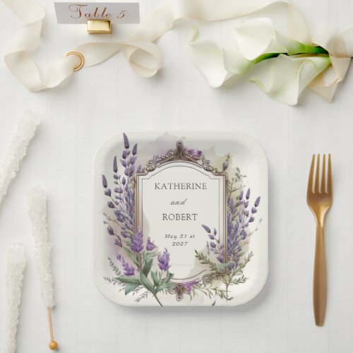 Watercolor Lavender Regal Monogram Wedding Paper Plates