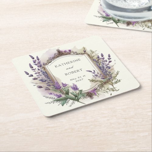 Watercolor Lavender Regal Monogram Wedding Square Paper Coaster