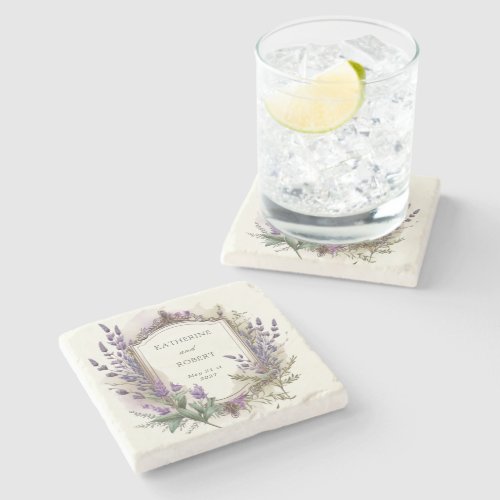Watercolor Lavender Regal Monogram Wedding Stone Coaster