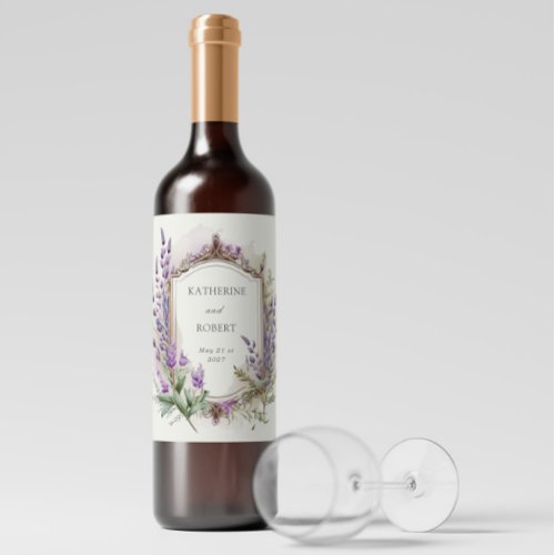 Watercolor Lavender Regal Monogram Wedding Wine Label