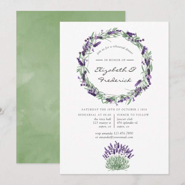 Watercolor Lavender Wedding Rehearsal Dinner Invitation (Front/Back)