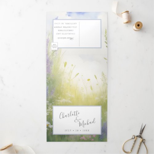 watercolor lavender wildflower meadow and landscap Tri_Fold invitation