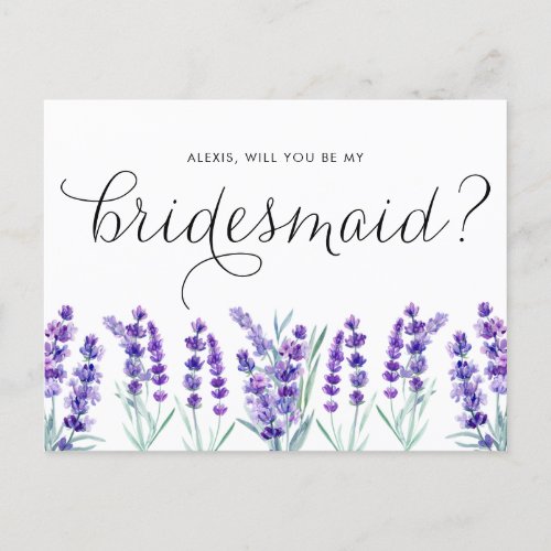Watercolor Lavender Will You Be My Bridesmaid Invitation Postcard