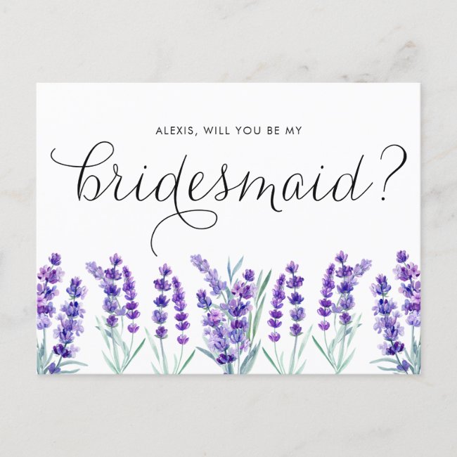 Watercolor Lavender Will You Be My Bridesmaid Invitation Postcard
