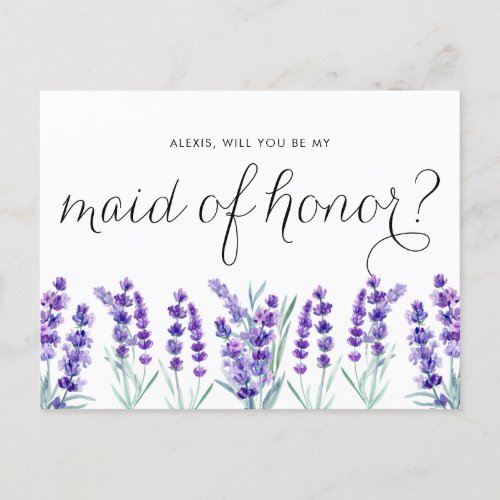 Watercolor Lavender Will You Be My Maid of Honor Invitation Postcard