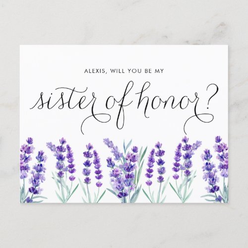 Watercolor Lavender Will You Be My Sister of Honor Invitation Postcard