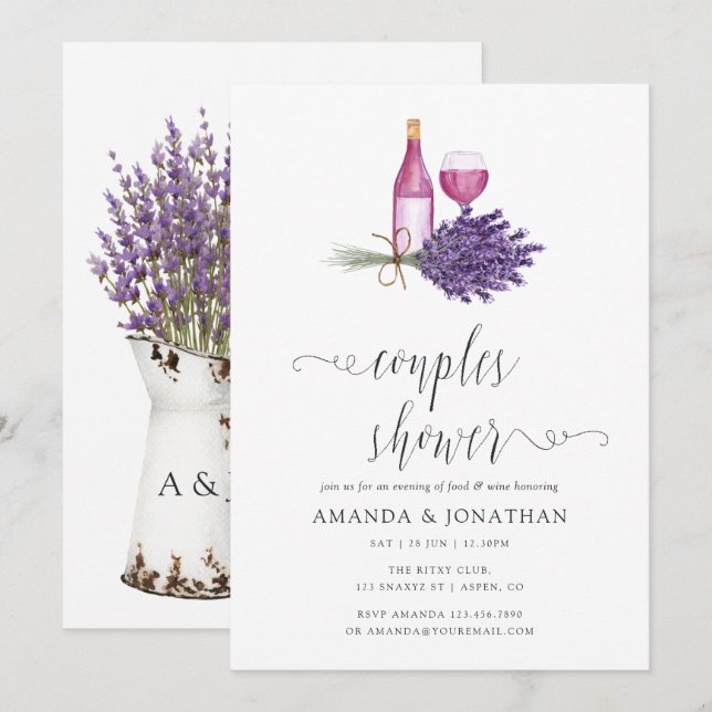Watercolor Lavender Wine Tasting Couples Shower Invitation (Front/Back)