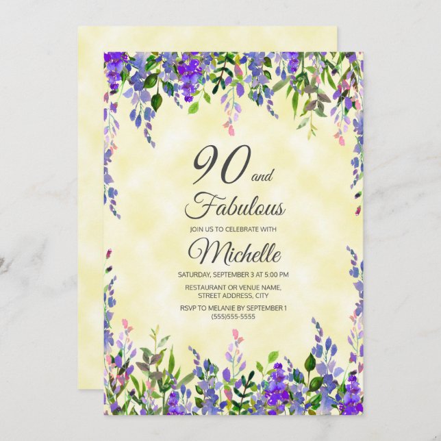 Watercolor Lavender Yellow 90 & Fabulous Birthday Invitation (Front/Back)