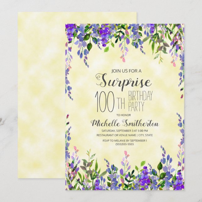 Watercolor Lavender Yellow Surprise 100th Birthday Invitation (Front/Back)