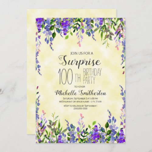 Watercolor Lavender Yellow Surprise 100th Birthday Invitation