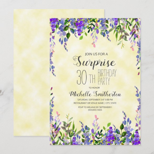 Watercolor Lavender Yellow Surprise 30th Birthday Invitation (Front/Back)