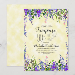 Watercolor Lavender Yellow Surprise 90th Birthday Invitation