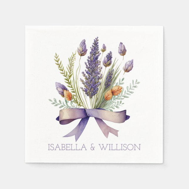 Watercolor Lavenders Bouquet Wedding Napkins (Front)
