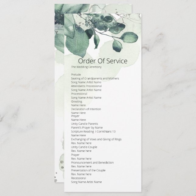 Watercolor Leaf Botanical Order of Service Wedding Invitation (Front/Back)