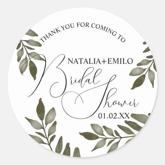Watercolor Leaf Branch Greenery Bridal Shower Classic Round Sticker (Front)