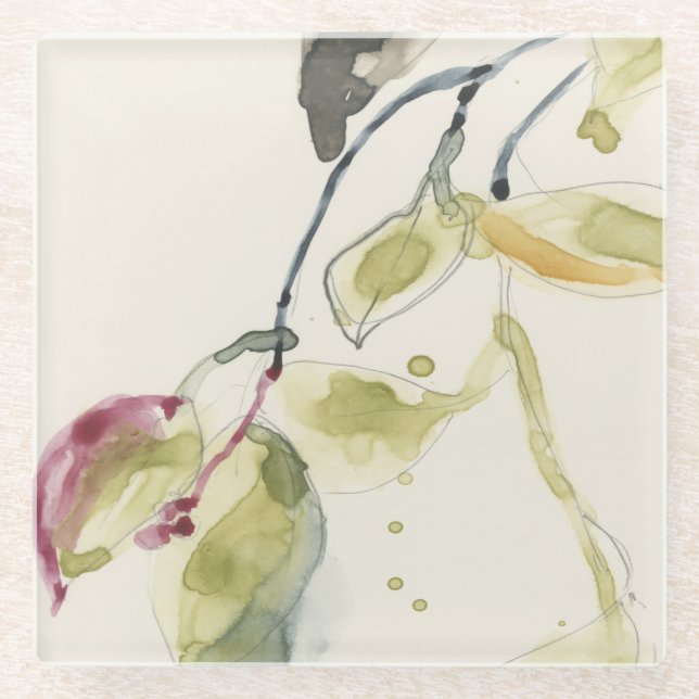 Watercolor Leaf Branch Triptych Glass Coaster (Front)