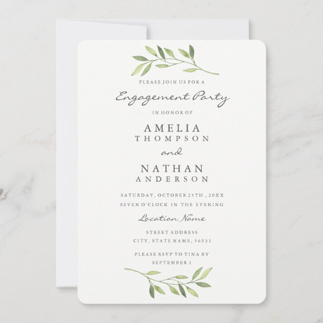 Watercolor Leaf Engagement Party Invitation (Front)