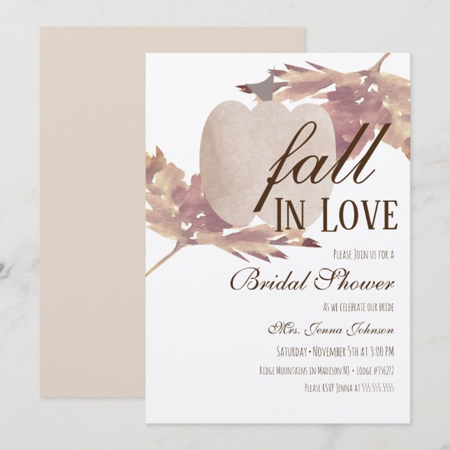 Watercolor Leaf Fall Pumpkin Bridal Shower Rustic  Invitation (Front/Back)