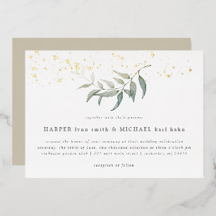 Watercolor leaf gold shimmer wedding foil invitati foil invitation