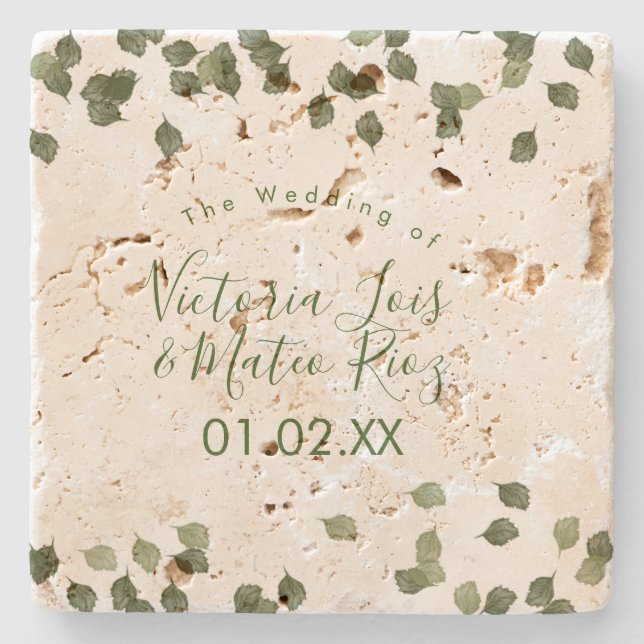 Watercolor Leaf Greenery Autumn Fall Wedding  Stone Coaster (Front)