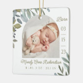 Watercolor Leaf Greenery Baby Birth Stats Photo Ceramic Ornament (Left)