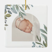 Watercolor Leaf Greenery Baby Birth Stats Photo Ceramic Ornament (Back)