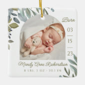 Watercolor Leaf Greenery Baby Birth Stats Photo Ceramic Ornament (Front)