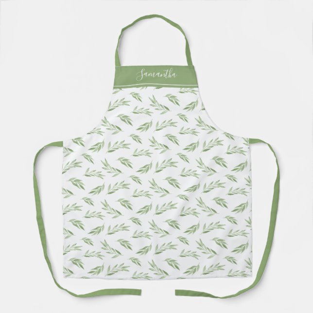 Watercolor Leaf Greenery Personalized Name Apron (Front)